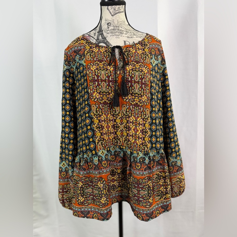 Hannah Vibrant Bohemian Patterned with Front Tie Tassel Long Sleeve Tunic Size L